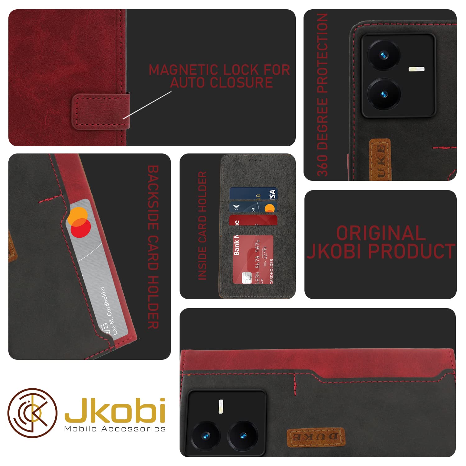 Jkobi Flip for Mobile (Faux Leather_Maroon Black Blue with Grey